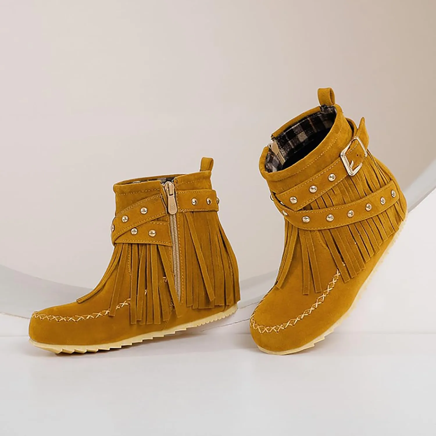 Women'S Suede Tassel Booties,Flat Moccasin Boots,Winter Warm Hidden Inner Heightening Fashion Western Outdoor Short Boots With Side Zipper