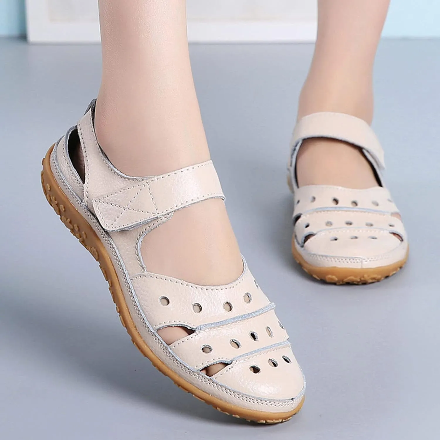 Women's Summer Casual Closed Toe Leather Sandals,Comfortable Soft Sole Ankle Strap Mary Jane Orthopedic Beach Shoes