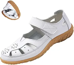 Women's Summer Casual Closed Toe Leather Sandals,Comfortable Soft Sole Ankle Strap Mary Jane Orthopedic Beach Shoes