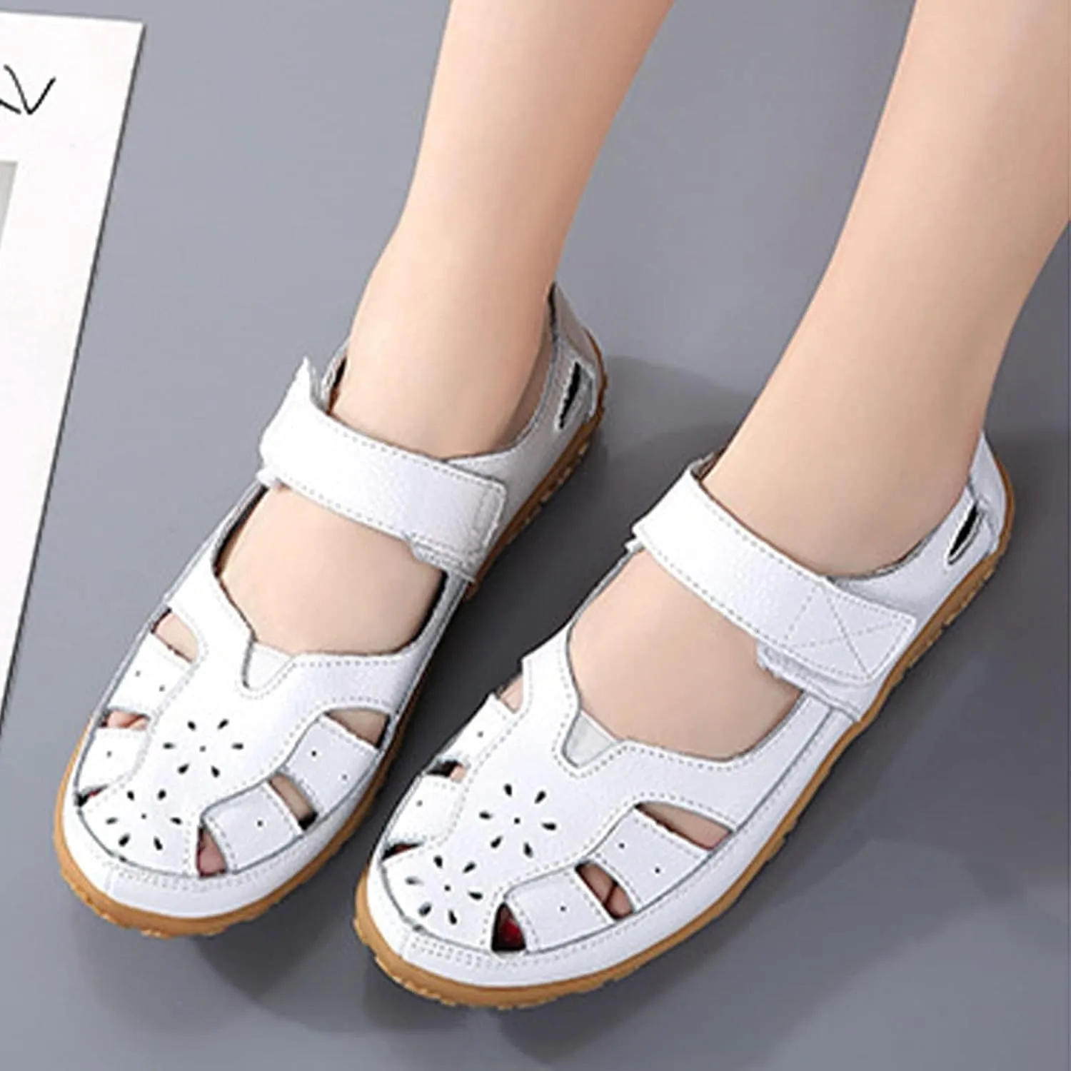 Women's Summer Casual Closed Toe Leather Sandals,Comfortable Soft Sole Ankle Strap Mary Jane Orthopedic Beach Shoes
