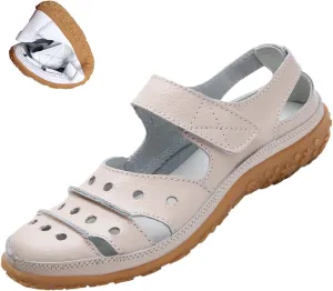 Women's Summer Casual Closed Toe Leather Sandals,Comfortable Soft Sole Ankle Strap Mary Jane Orthopedic Beach Shoes