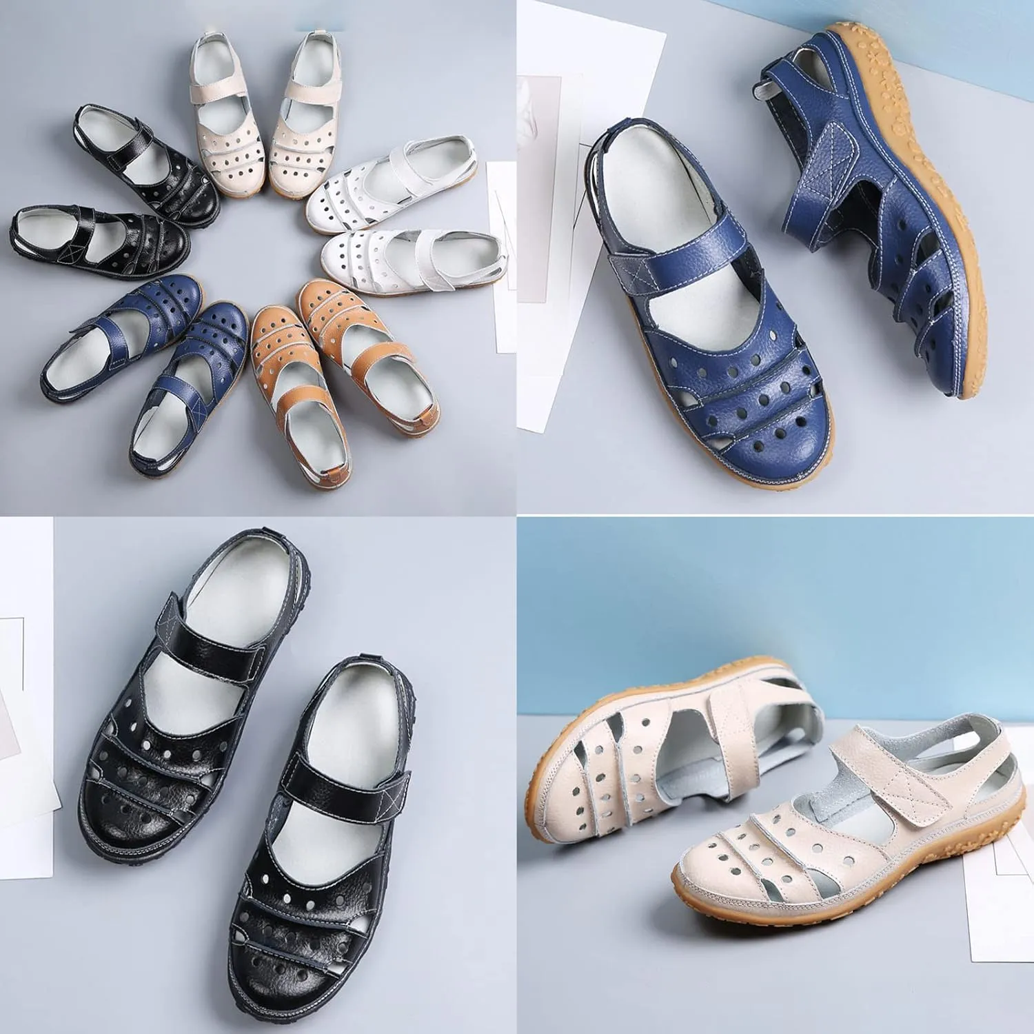 Women's Summer Casual Closed Toe Leather Sandals,Comfortable Soft Sole Ankle Strap Mary Jane Orthopedic Beach Shoes