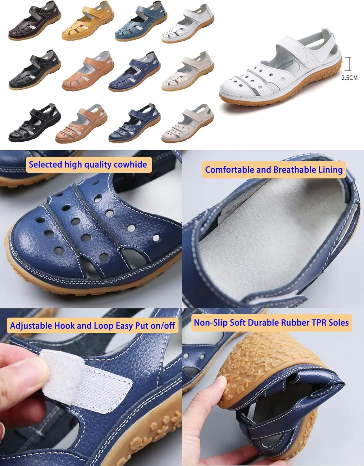 Women's Summer Casual Closed Toe Leather Sandals,Comfortable Soft Sole Ankle Strap Mary Jane Orthopedic Beach Shoes
