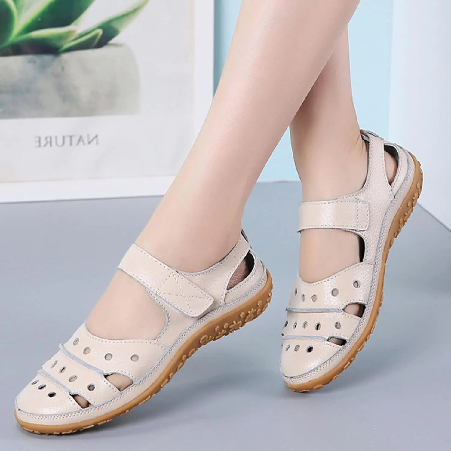 Women's Summer Casual Closed Toe Leather Sandals,Comfortable Soft Sole Ankle Strap Mary Jane Orthopedic Beach Shoes
