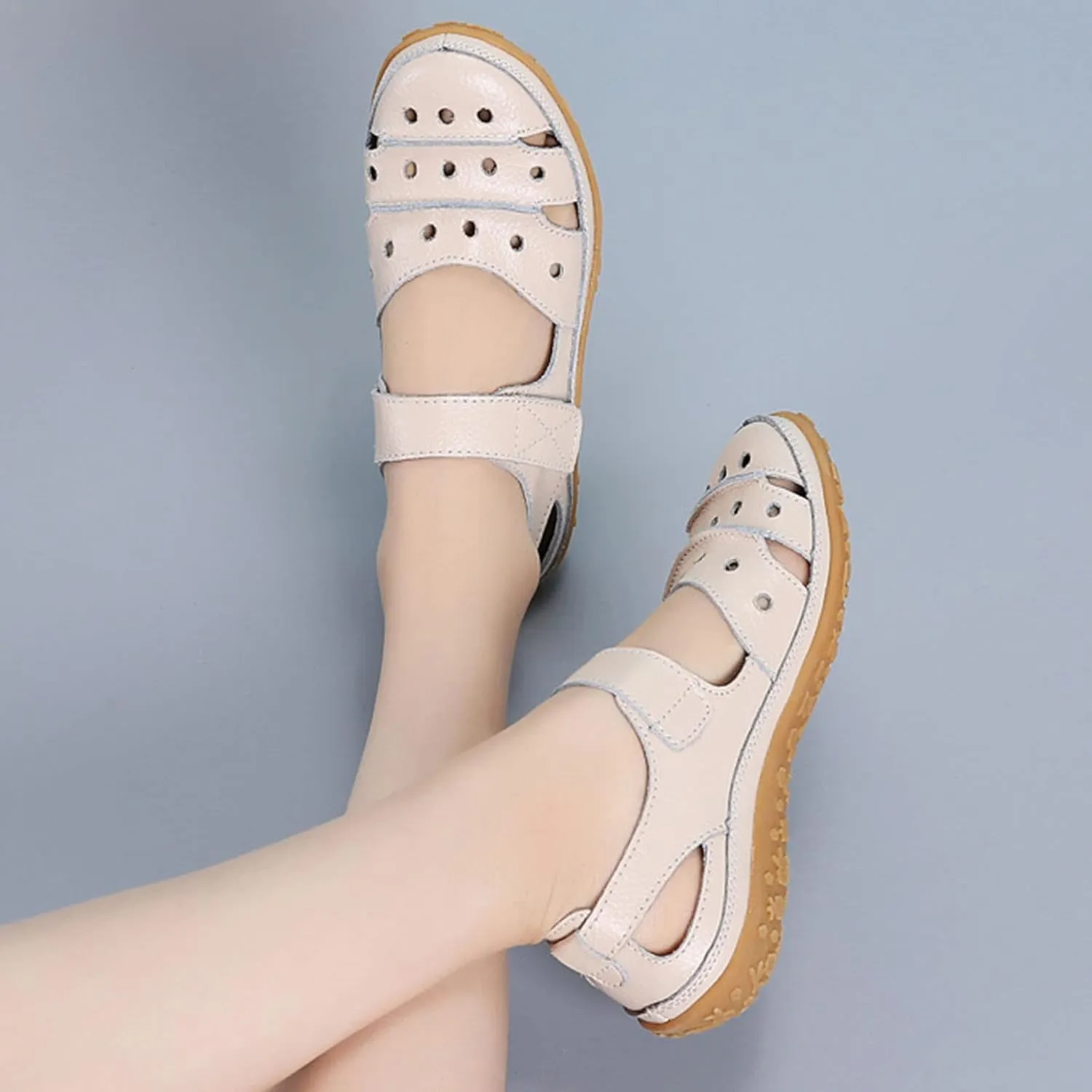 Women's Summer Casual Closed Toe Leather Sandals,Comfortable Soft Sole Ankle Strap Mary Jane Orthopedic Beach Shoes