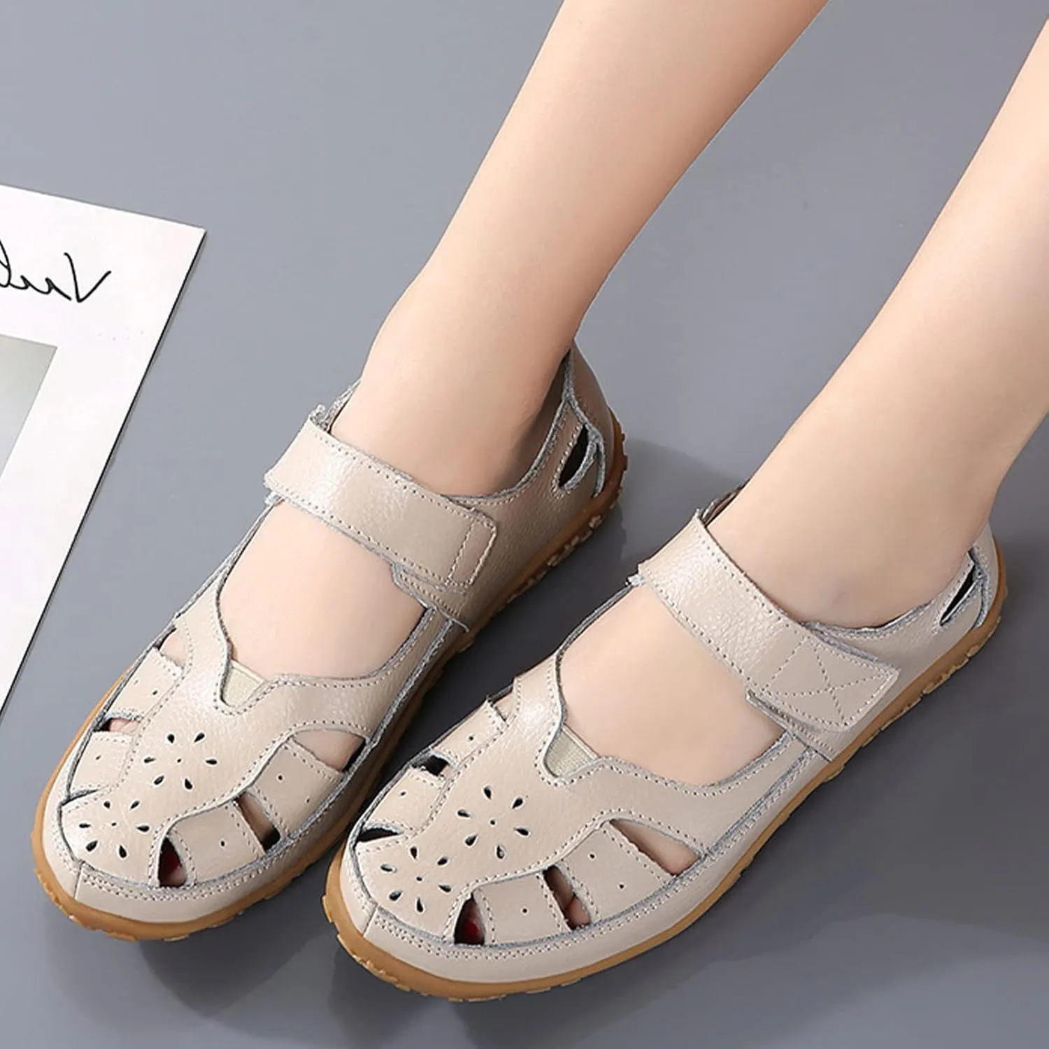 Women's Summer Casual Closed Toe Leather Sandals,Comfortable Soft Sole Ankle Strap Mary Jane Orthopedic Beach Shoes