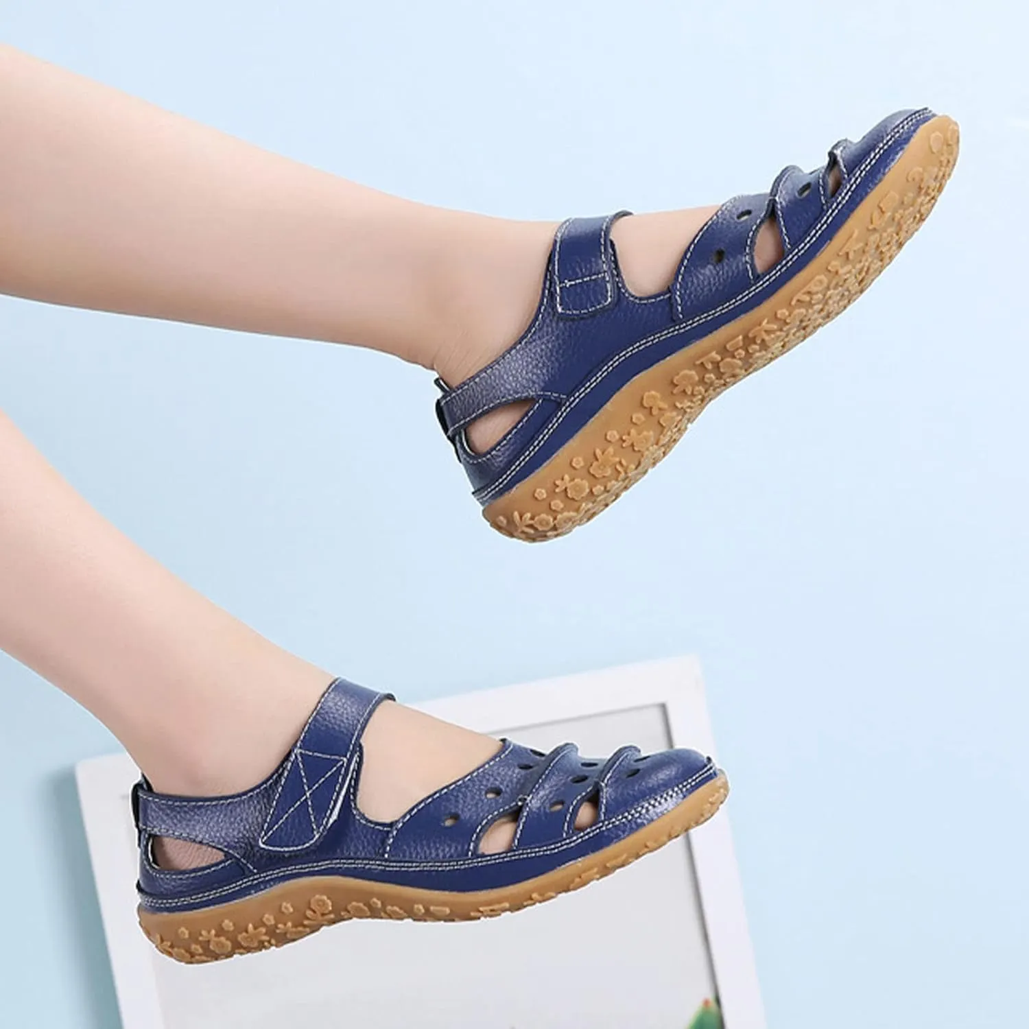 Women's Summer Casual Closed Toe Leather Sandals,Comfortable Soft Sole Ankle Strap Mary Jane Orthopedic Beach Shoes