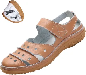 Women's Summer Casual Closed Toe Leather Sandals,Comfortable Soft Sole Ankle Strap Mary Jane Orthopedic Beach Shoes