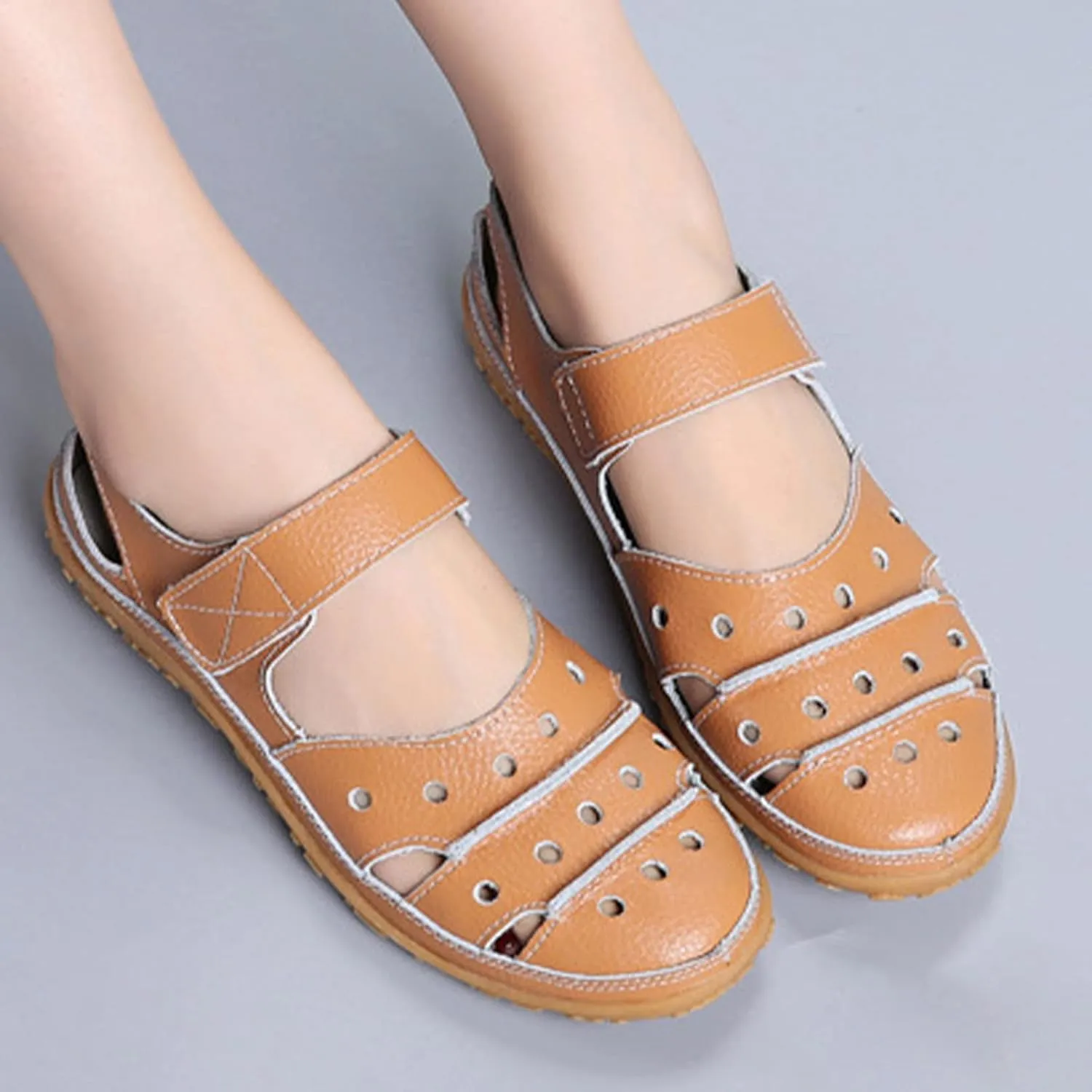 Women's Summer Casual Closed Toe Leather Sandals,Comfortable Soft Sole Ankle Strap Mary Jane Orthopedic Beach Shoes