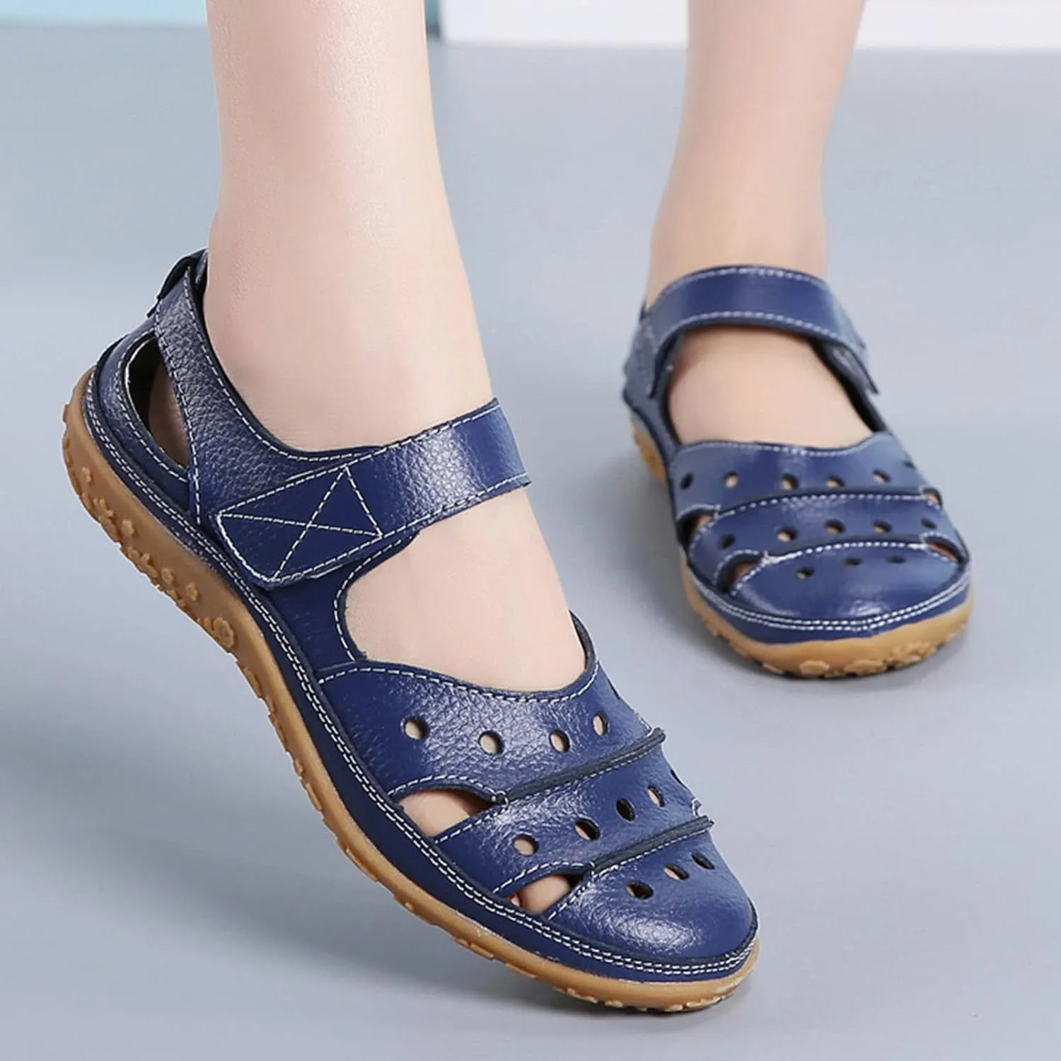 Women's Summer Casual Closed Toe Leather Sandals,Comfortable Soft Sole Ankle Strap Mary Jane Orthopedic Beach Shoes