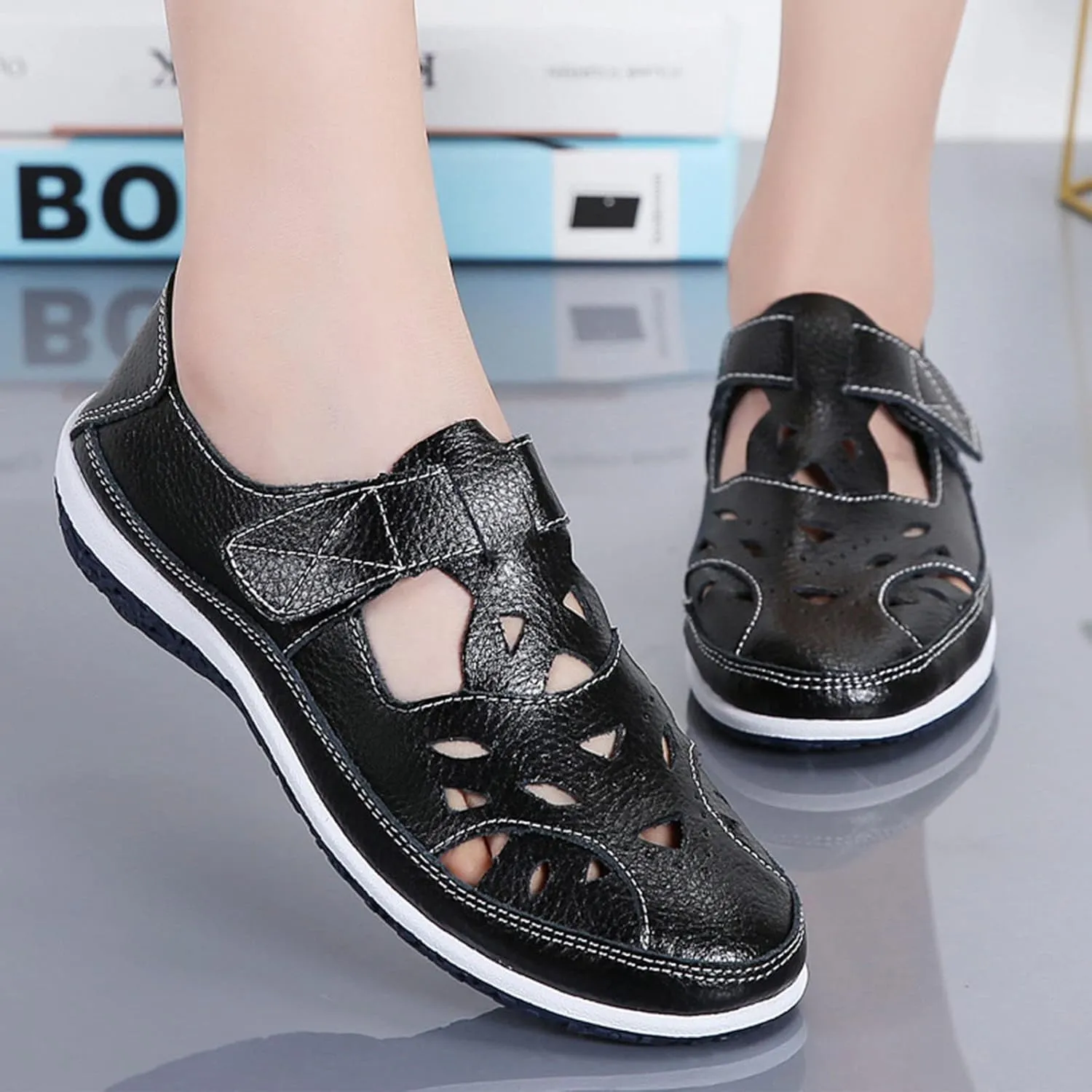 Women's Summer Closed-Toe Leather Sandals,Hollow Breathe Comfy Softsole Boho Gladiator Casual Beach Fisherman Sandal