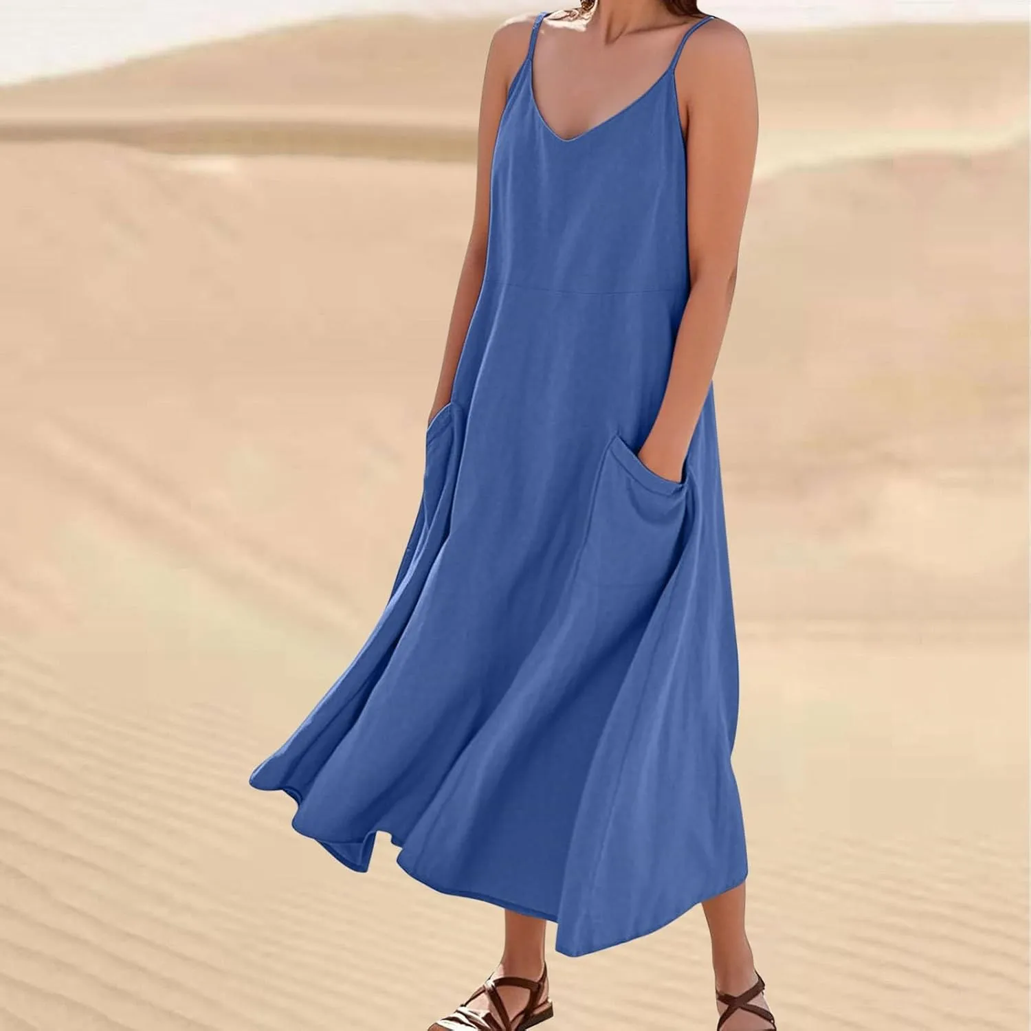 Women's Summer Cotton Linen Long Dress Sleeveless Elegant Flowy Beach Dresses Loose Comfy Maxi Dress with Pockets