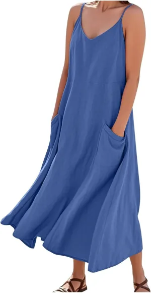 Women's Summer Cotton Linen Long Dress Sleeveless Elegant Flowy Beach Dresses Loose Comfy Maxi Dress with Pockets