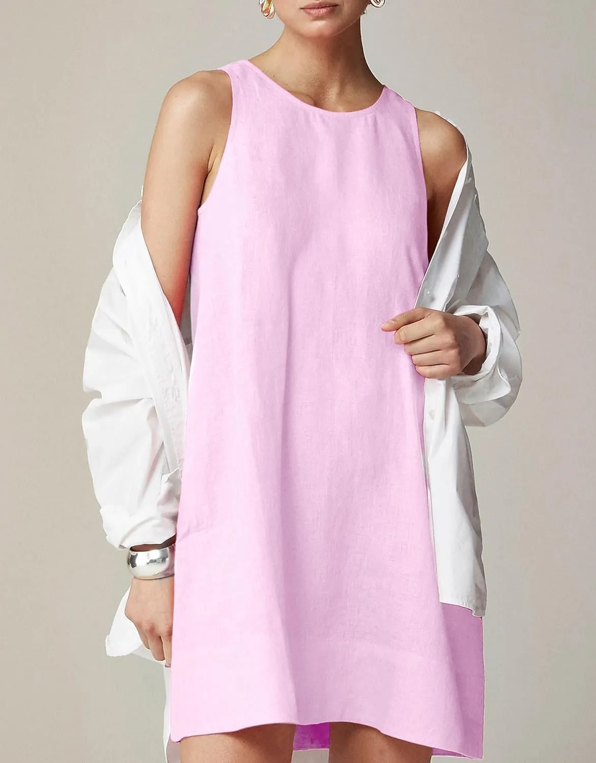 Womens Summer Tank Dress Casual Sleeveless Tunic Shift Linen Dress Smocked Sundresses