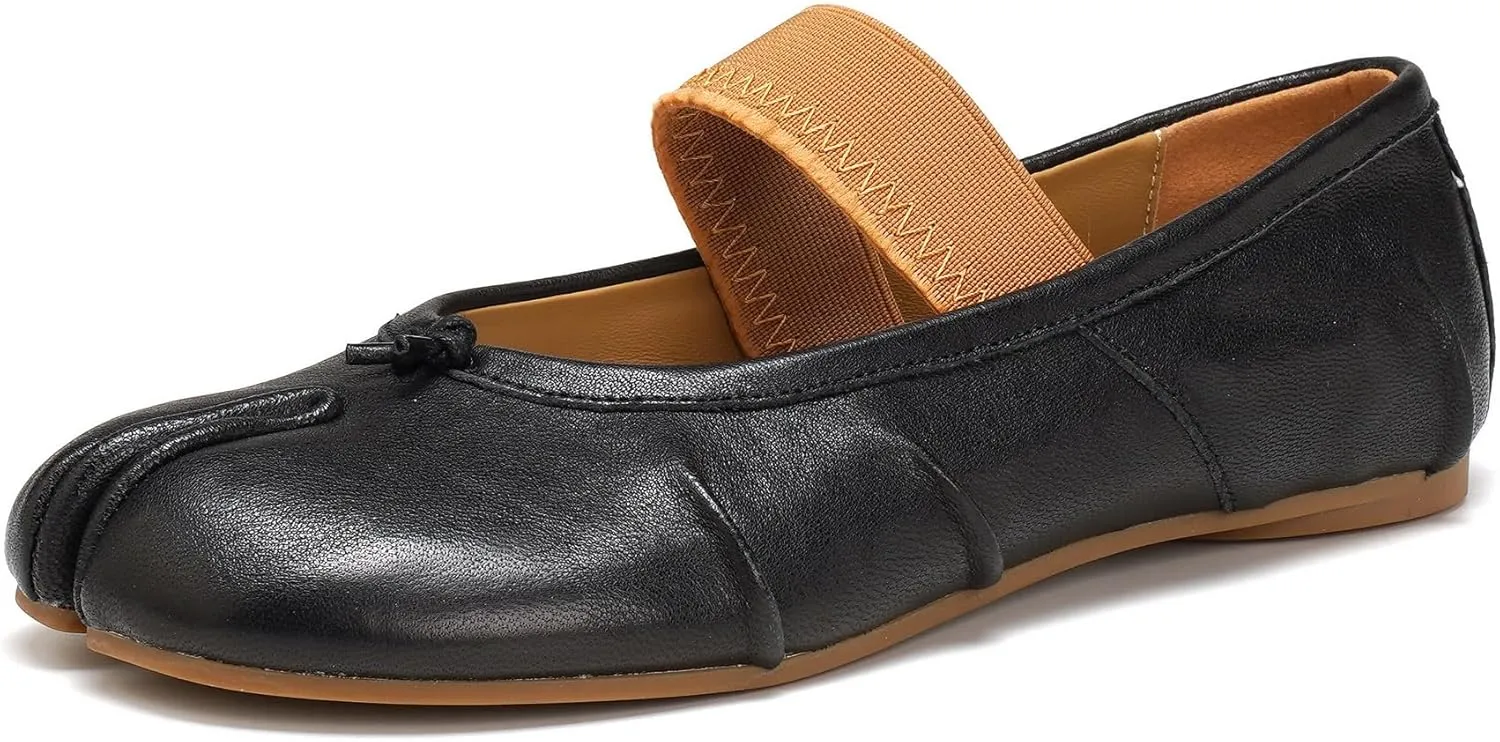 Women's Tabi Shoes Ballet Flats, Split Toe Genuine Leather Slip-On Comfort Walking Shoes Barefoot Design and Foldable with Mary Jane Strap