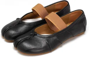 Women's Tabi Shoes Ballet Flats, Split Toe Genuine Leather Slip-On Comfort Walking Shoes Barefoot Design and Foldable with Mary Jane Strap