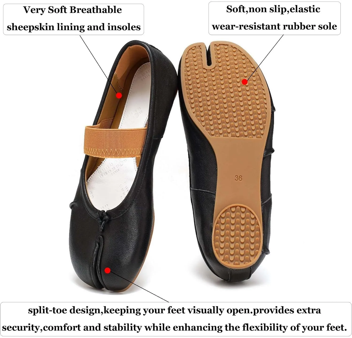 Women's Tabi Shoes Ballet Flats, Split Toe Genuine Leather Slip-On Comfort Walking Shoes Barefoot Design and Foldable with Mary Jane Strap