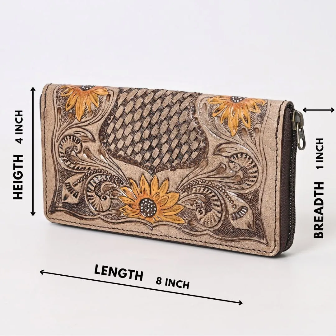 Women’s Tooled Leather Wallet – Handcrafted Sunflower Floral Design – Genuine Cowhide Western Clutch with Zip Closure – Long Boho Purse – Cowgirl & Western Lovers (Light Brown)