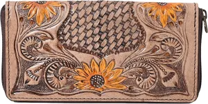 Women’s Tooled Leather Wallet – Handcrafted Sunflower Floral Design – Genuine Cowhide Western Clutch with Zip Closure – Long Boho Purse – Cowgirl & Western Lovers (Light Brown)
