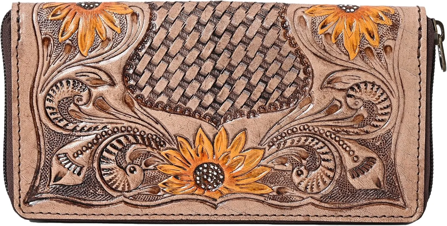 Women’s Tooled Leather Wallet – Handcrafted Sunflower Floral Design – Genuine Cowhide Western Clutch with Zip Closure – Long Boho Purse – Cowgirl & Western Lovers (Light Brown)