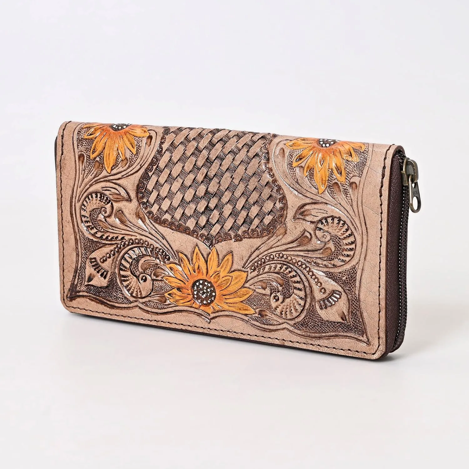Women’s Tooled Leather Wallet – Handcrafted Sunflower Floral Design – Genuine Cowhide Western Clutch with Zip Closure – Long Boho Purse – Cowgirl & Western Lovers (Light Brown)