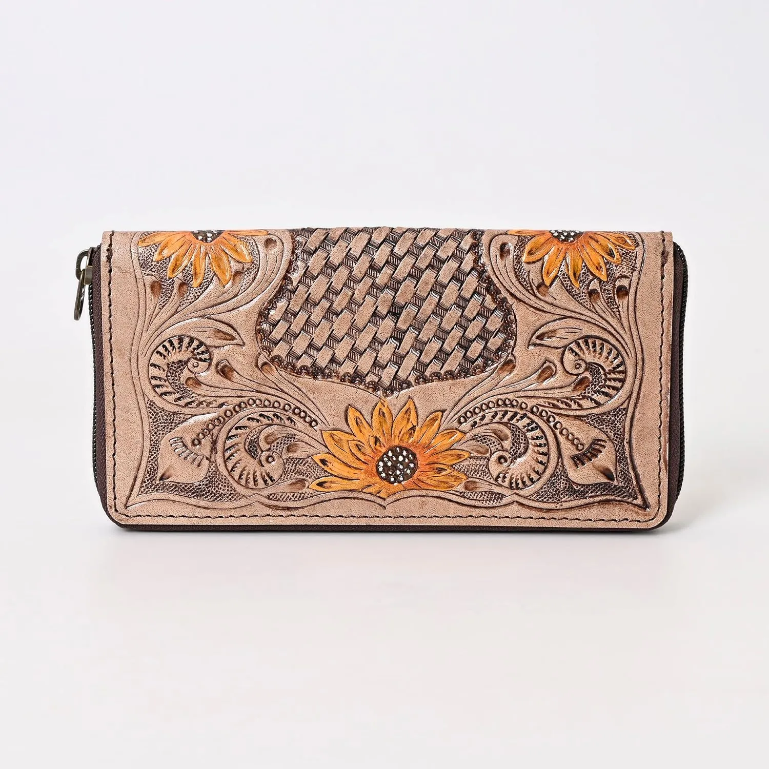 Women’s Tooled Leather Wallet – Handcrafted Sunflower Floral Design – Genuine Cowhide Western Clutch with Zip Closure – Long Boho Purse – Cowgirl & Western Lovers (Light Brown)