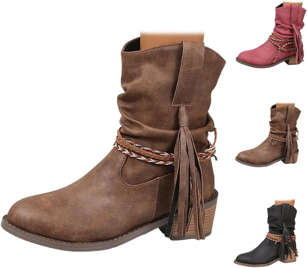 Women's Wedge Ankle Boots Braided Fringe Strap Western Heeled Fall Boots Dress Ankle Booties For Women Ladies
