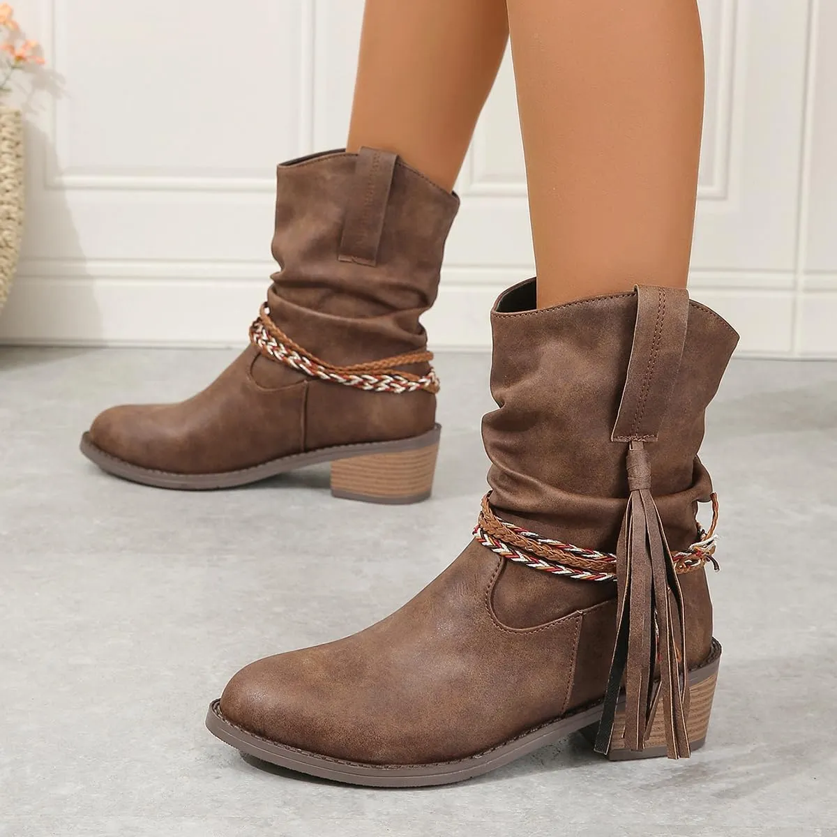 Women's Wedge Ankle Boots Braided Fringe Strap Western Heeled Fall Boots Dress Ankle Booties For Women Ladies