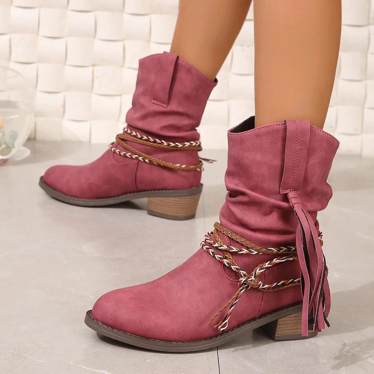 Women's Wedge Ankle Boots Braided Fringe Strap Western Heeled Fall Boots Dress Ankle Booties For Women Ladies