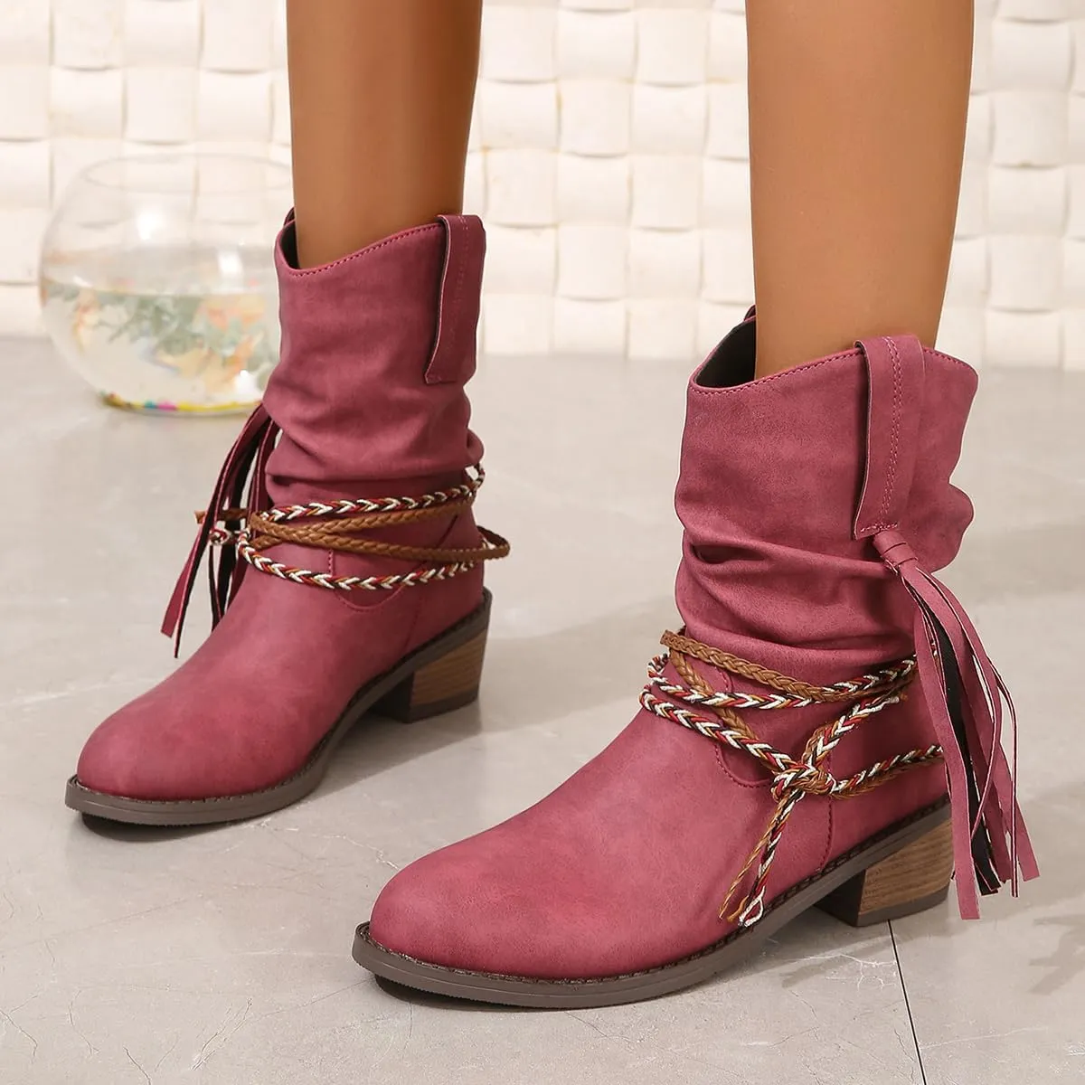 Women's Wedge Ankle Boots Braided Fringe Strap Western Heeled Fall Boots Dress Ankle Booties For Women Ladies