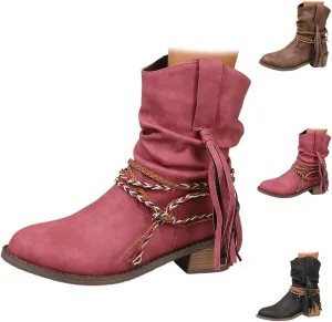 Women's Wedge Ankle Boots Braided Fringe Strap Western Heeled Fall Boots Dress Ankle Booties For Women Ladies