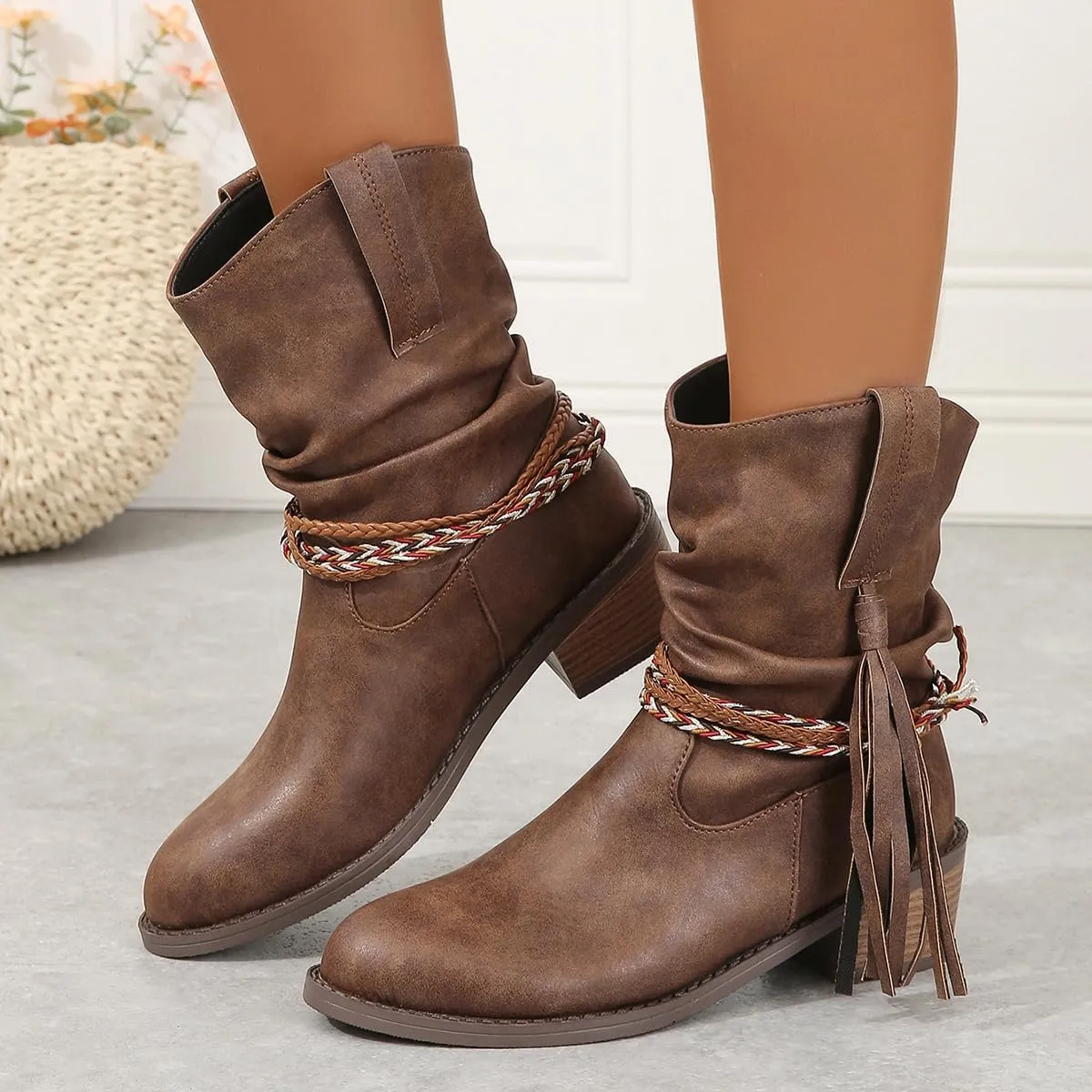 Women's Wedge Ankle Boots Braided Fringe Strap Western Heeled Fall Boots Dress Ankle Booties For Women Ladies