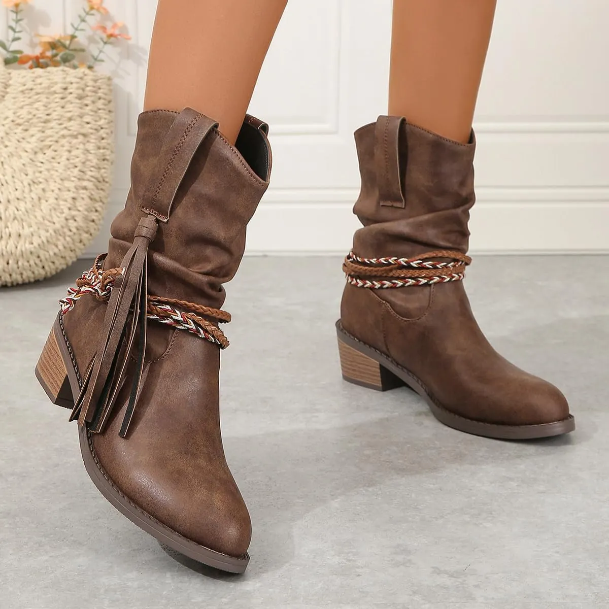 Women's Wedge Ankle Boots Braided Fringe Strap Western Heeled Fall Boots Dress Ankle Booties For Women Ladies