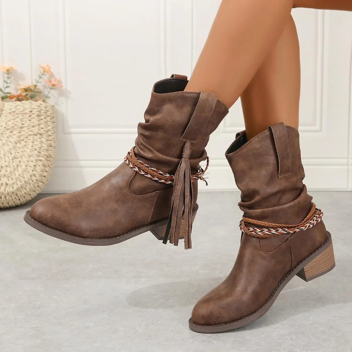 Women's Wedge Ankle Boots Braided Fringe Strap Western Heeled Fall Boots Dress Ankle Booties For Women Ladies