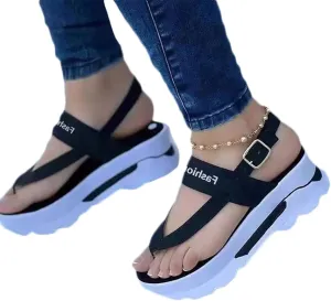 Womens Wedge Sandals Flip Flops Casual Summer Open Toe Platform Sport Sandals Comfortable Thong Beach Sandal with Buckle Ankle Strap,Black,US10/EU41