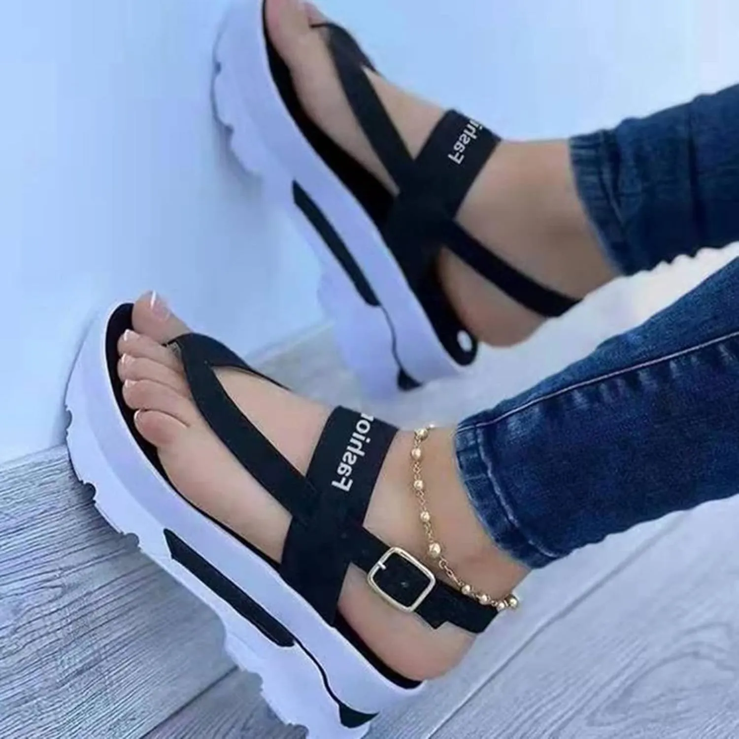 Womens Wedge Sandals Flip Flops Casual Summer Open Toe Platform Sport Sandals Comfortable Thong Beach Sandal with Buckle Ankle Strap,Black,US10/EU41