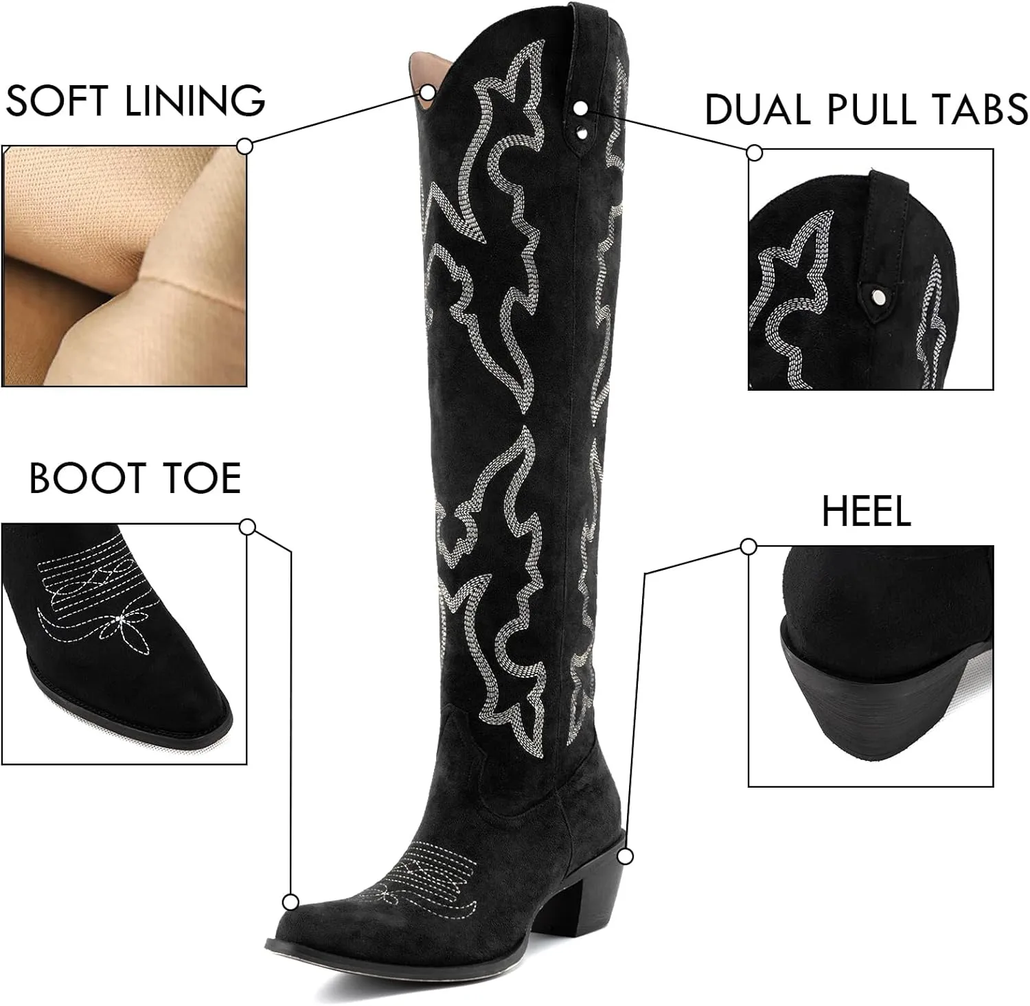 Womens White Cowgirl Boots Fashion Over the Knee Boots With Classic Embroidery Chunky Heels And Western Style