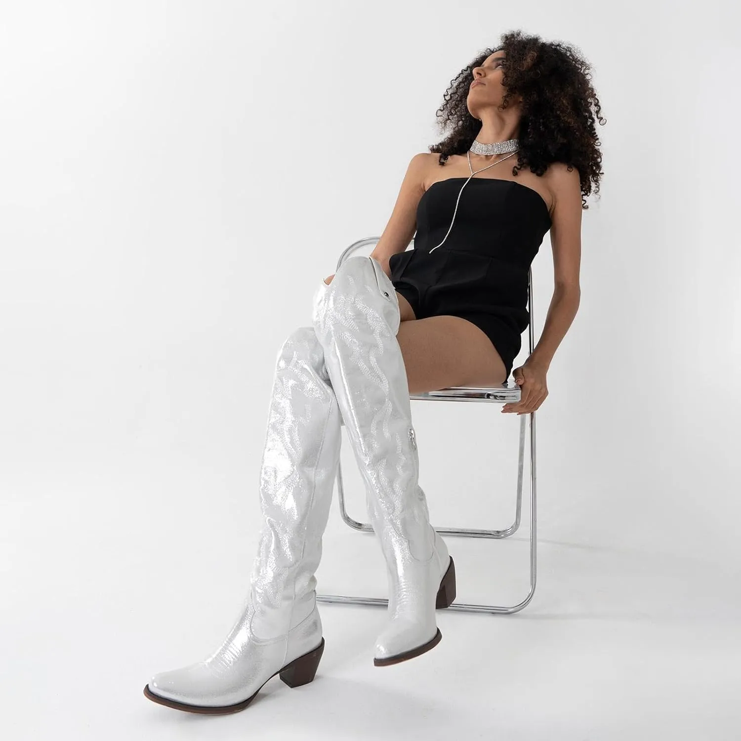 Womens White Cowgirl Boots Fashion Over the Knee Boots With Classic Embroidery Chunky Heels And Western Style