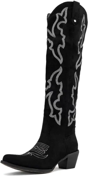 Womens White Cowgirl Boots Fashion Over the Knee Boots With Classic Embroidery Chunky Heels And Western Style