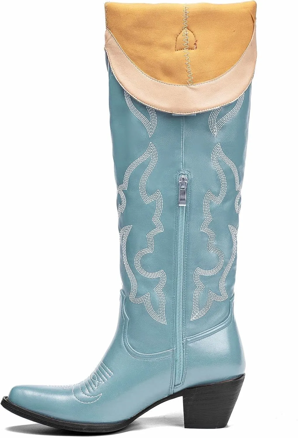 Womens White Cowgirl Boots Fashion Over the Knee Boots With Classic Embroidery Chunky Heels And Western Style