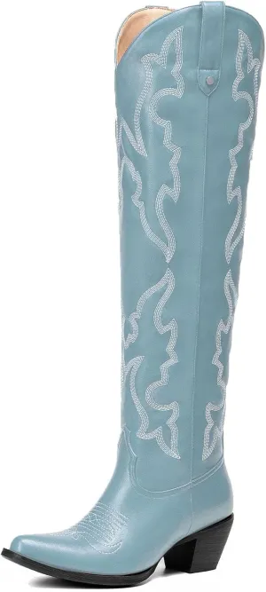 Womens White Cowgirl Boots Fashion Over the Knee Boots With Classic Embroidery Chunky Heels And Western Style