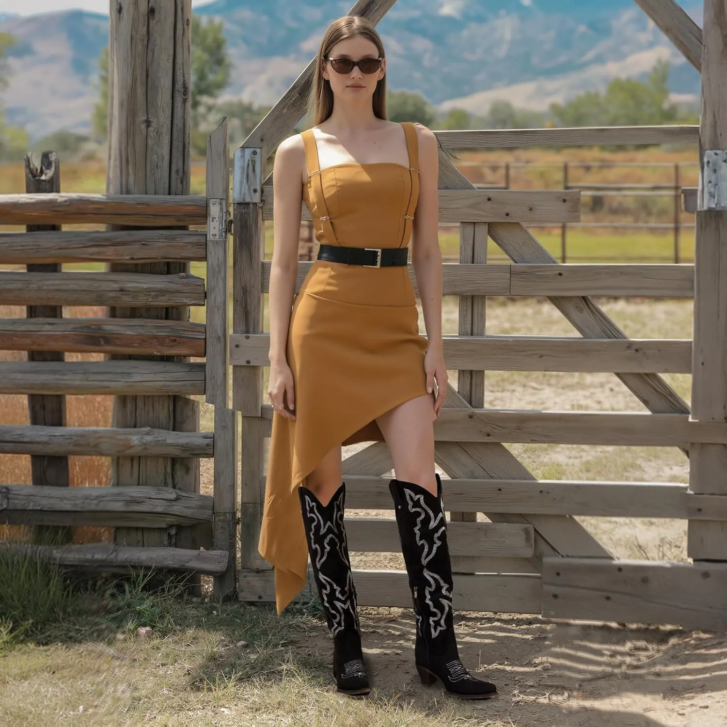 Womens White Cowgirl Boots Fashion Over the Knee Boots With Classic Embroidery Chunky Heels And Western Style