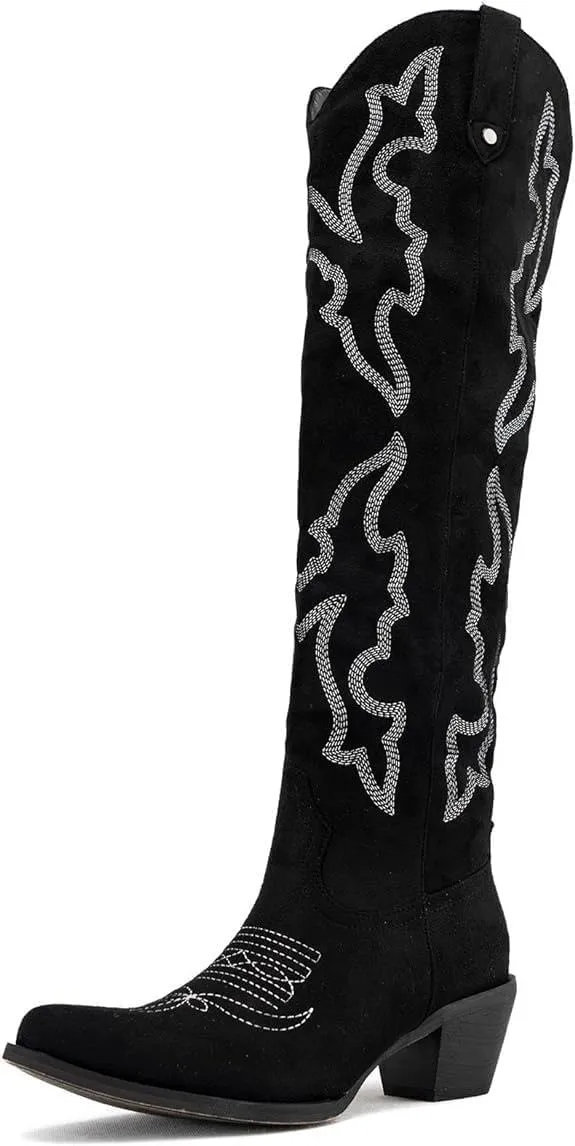 Womens White Cowgirl Boots Fashion Over the Knee Boots With Classic Embroidery Chunky Heels And Western Style