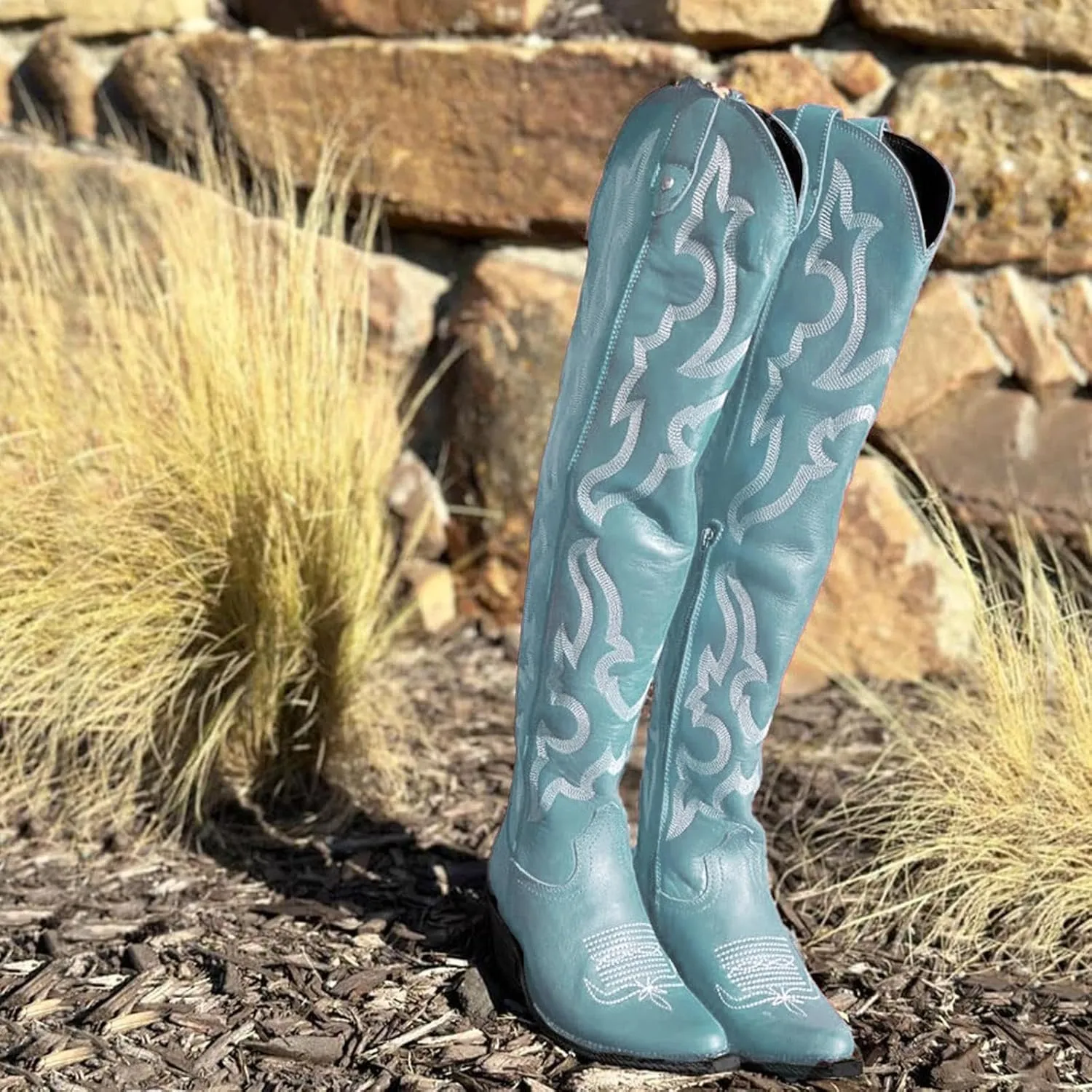 Womens White Cowgirl Boots Fashion Over the Knee Boots With Classic Embroidery Chunky Heels And Western Style