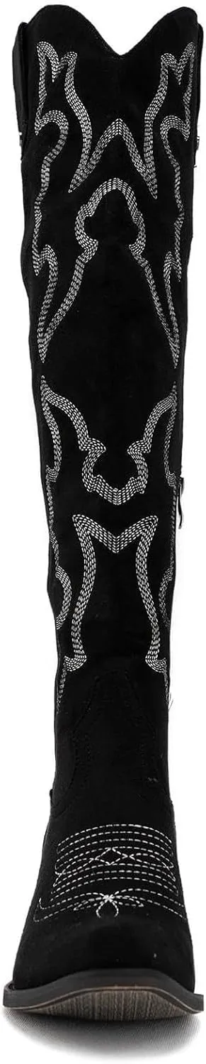 Womens White Cowgirl Boots Fashion Over the Knee Boots With Classic Embroidery Chunky Heels And Western Style