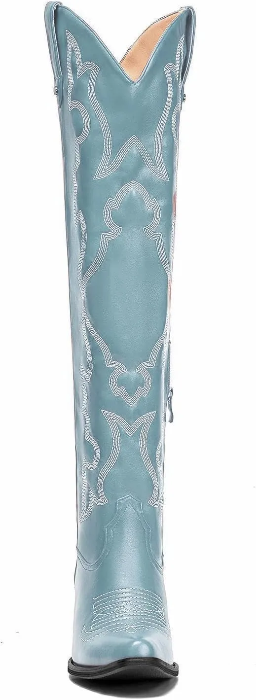 Womens White Cowgirl Boots Fashion Over the Knee Boots With Classic Embroidery Chunky Heels And Western Style