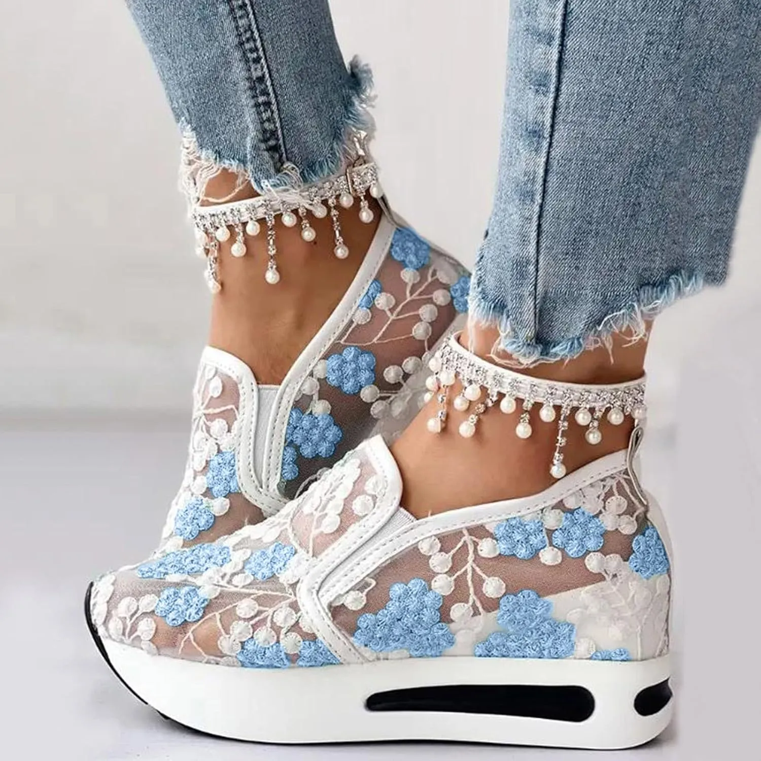 Womenyiaor Platform Wedge Sneakers for Women Dressy, Women's Fashion Sneakers 2024 Floral Embroidery Breathable Sheer Mesh High Heel Slip on Sneakers Casual Comfortable Walking Shoes