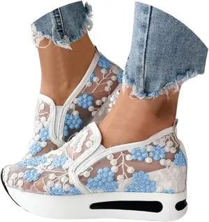 Womenyiaor Platform Wedge Sneakers for Women Dressy, Women's Fashion Sneakers 2024 Floral Embroidery Breathable Sheer Mesh High Heel Slip on Sneakers Casual Comfortable Walking Shoes