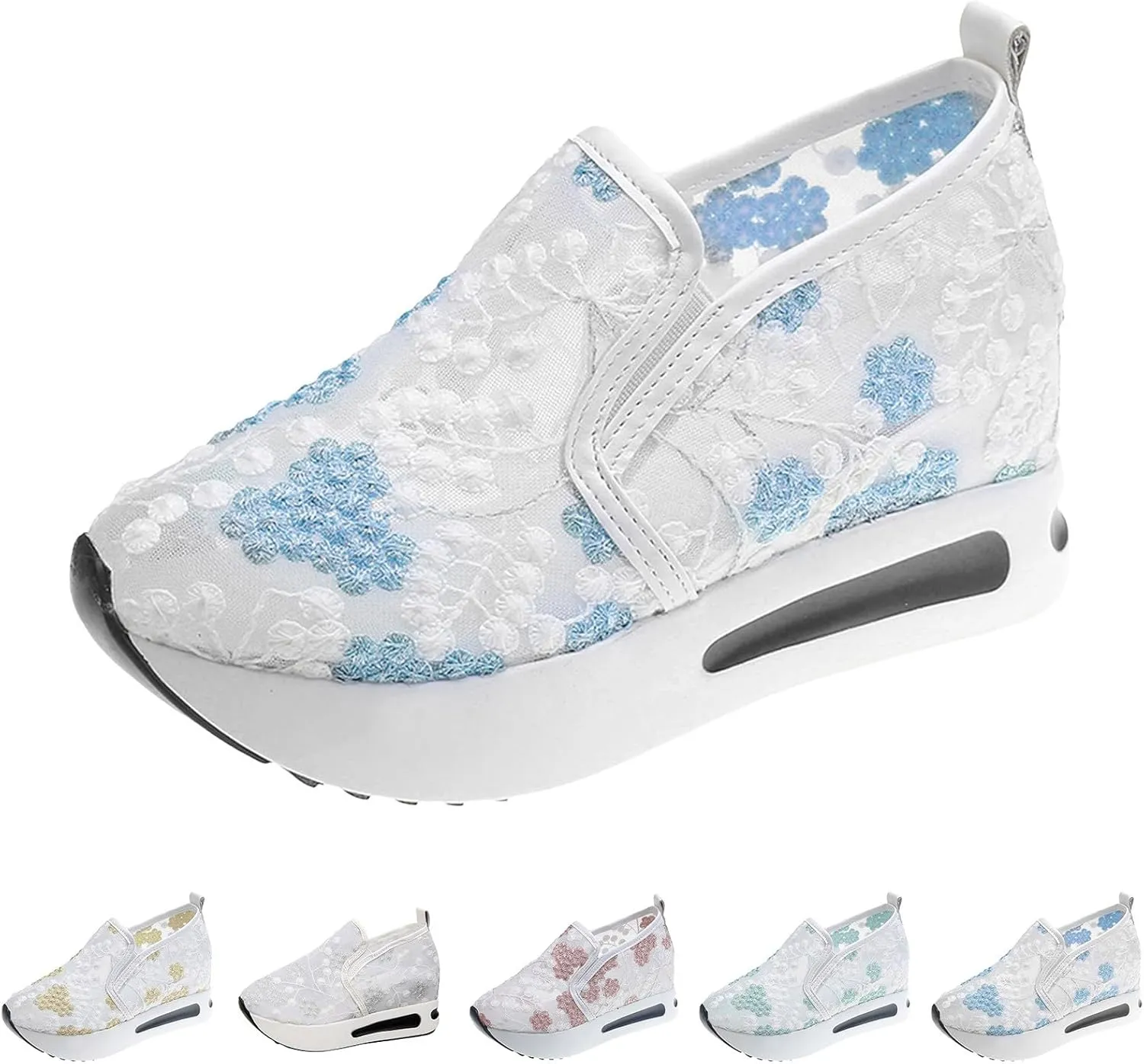 Womenyiaor Platform Wedge Sneakers for Women Dressy, Women's Fashion Sneakers 2024 Floral Embroidery Breathable Sheer Mesh High Heel Slip on Sneakers Casual Comfortable Walking Shoes