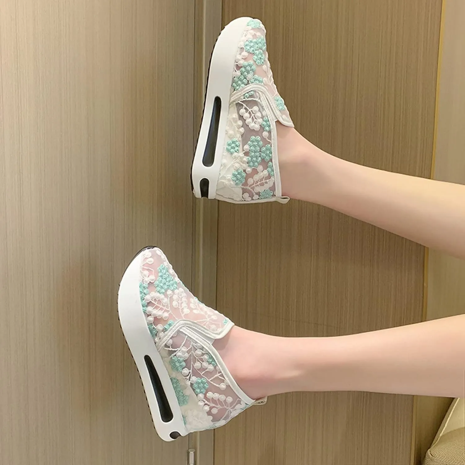 Womenyiaor Women's Fashion Sneakers Dressy Floral Embroidery Breathable Sheer Mesh Sneakers Platform Wedge Sneakers Casual Lace up Walking Shoes (C-Green, 8.5)